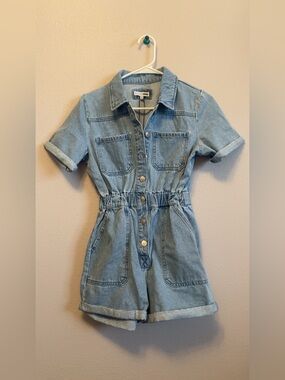 Fashion Nova Light Blue Denim Girls' Short Sleeve One-Piece Romper